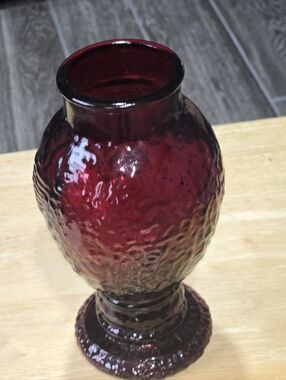 1Vintage Ruby Red Textured Glass Vase - Royal Ruby Footed Compote - 1960